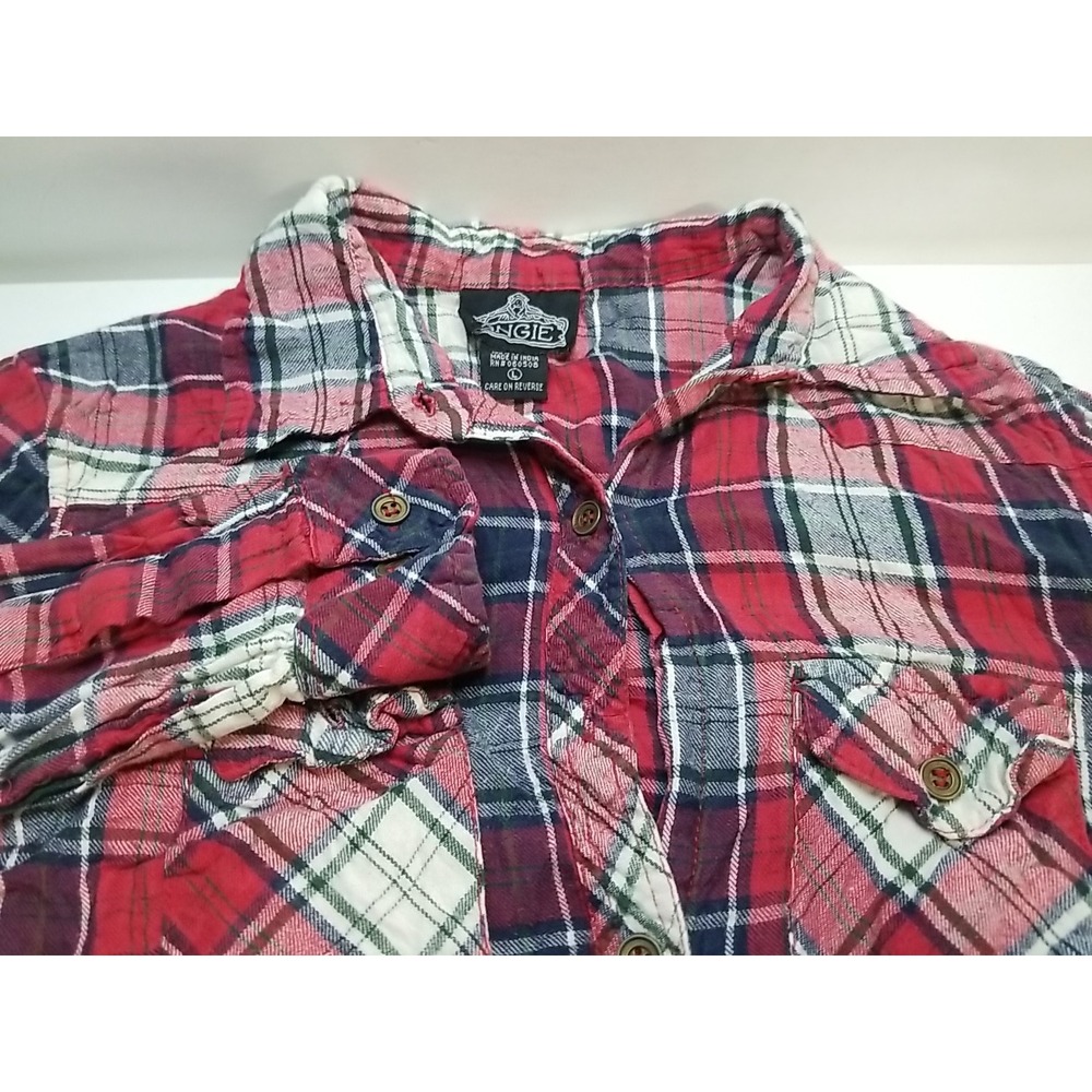Angie‎ Womens Large Plaid Flannel Button Up Shirt Red Blue White Long Sleeve